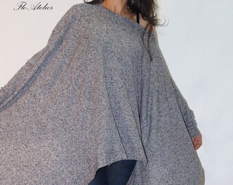 Loose Long Blouse/Knit Oversized Top/Extravagant Tunic/Extra Long Sleeves/Summer Sweater/Asymmetrical Blouse/Grey Handmade Sweater/F1282