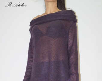 Purple Asymmetrical Sweater/Sweater Dress/Knitwear Dress/Long Pullover/Loose Plus Size Sweater/ Off shoulder sweater/Knit Blouse/F1046