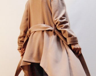 Beige Wool Coat/Winter Cape Coat/Cashmere Wool Blend/Long Sleeve Trench Coat/Asymmetrical Coat/Extravagant Coat/Beige Coat/High Collar/F1279