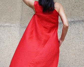 Robe caftan asymétrique en lin rouge, tunique asymétrique faite main