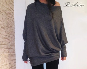 Loose Grey Blouse/Knitwear/Oversize Top/Light Knit Sweater/Extra Long Sleeves/Extravagant Top/Asymmetrical Blouse/Grey Blouse/Long Top/F1413