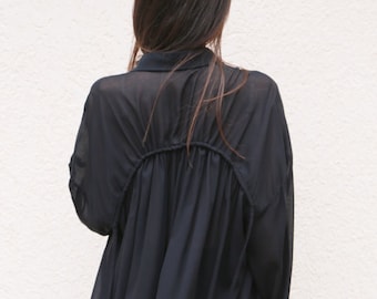 Black Loose Extravagant Shirt/All Season Shirt/Viscose Shirt/Black Tunic/Over Sized Top/Black Blouse/Ties Top/HandmadeTies Shirt/F1628