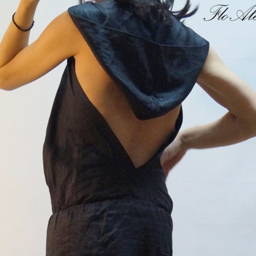 Summer Dress/Long Linen Dress/Long Casual Dress/Black Linen shops Dress/Beach Dress/Dress with Naked Back/Hooded Dress/Handmade Linen Dress/F1434