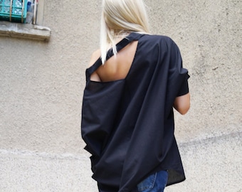 Oversized Black Cotton Shirt, Asymmetrical Hidden Button Top