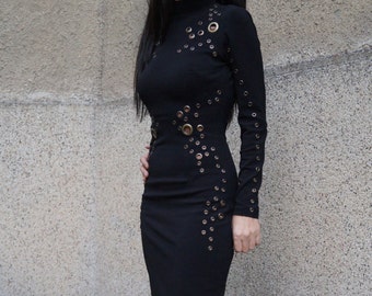 Embellished Black Dress/Long Sleeves Dress/Studs Dress/Pencil Dress/Handcrafted Dress/Cocktail Dress/Evening Dress/Little Black Dress/F1508