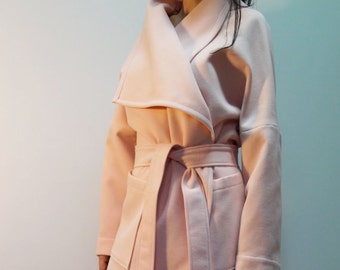 Pink Long Wool Coat/Winter High Collar Coat/Cashmere Wool Coat/Trench Coat/Symmetrical Coat/Autumn Winter Coat/Women Coat/Extravagant/F1444