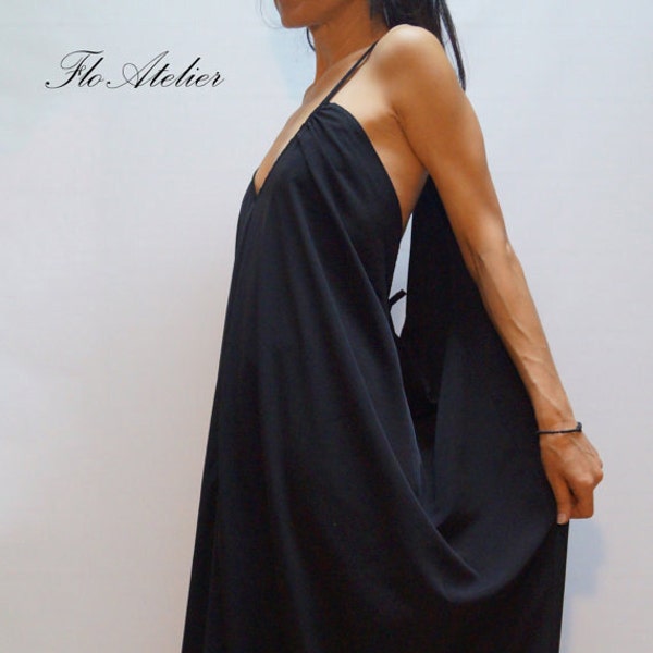 Black Kaftan/Asymmetrical Tunic/Maxi Black Dress/Black Casual Kaftan/Handmade Fashion Dress/Dress with Open Back/Long Black Top/F1298
