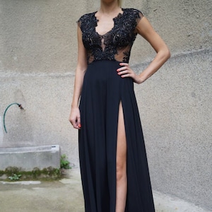 Evening Lace Dress/Chiffon Dress/Prom Long Dress/Handcrafted Dress with Beads and Pearls/Romantic Dress/Black Dress/Black Formal Dress/F1499