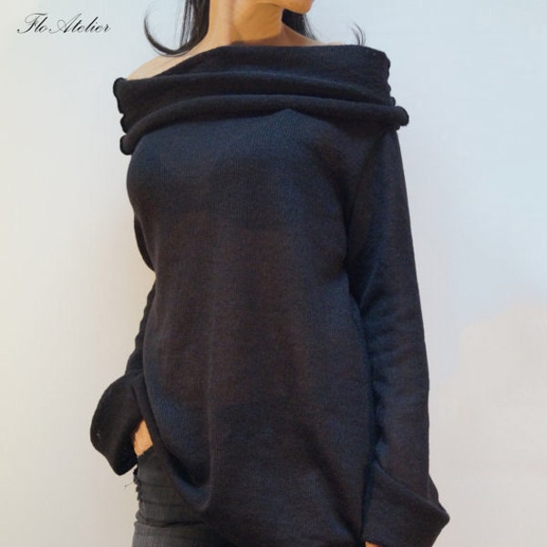 Black Asymmetrical Sweater/Sweater Dress/Knitwear Dress/Long Pullover/Loose Plus Size Sweater/Off Shoulder Sweater/Knit Blouse/F1257