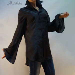 Black Silk Loose Extravagant Shirt/All Season Shirt/Top With Wide Sleeves/Silk Black Tunic/Handmade Black Tunic/Extravagant Black Top/F1216