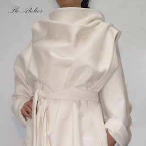 White High Collar Coat/Winter Coat/Wool Cashmere Blend Coat/Asymmetrical Coat/Extravagant Coat/Handmade Winter Coat/White Warm Coat/F1351