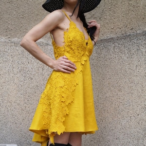 Summer Lace Dress/Casual Party Dress/Yellow Summer Asymmetrical Tunic/Handmade Yellow Linen Dress/Beach Dress/Loose Linen Yellow Dress/F1479