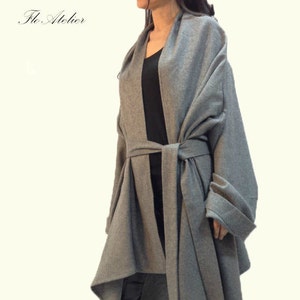 Grey Long Wool Coat/Winter Cape Coat/Cashmere Wool Coat/Long Sleeve Trench Coat/Asymmetrical Coat/Baby Wearing Wool Coat/Handmade Coat/F1177 image 1