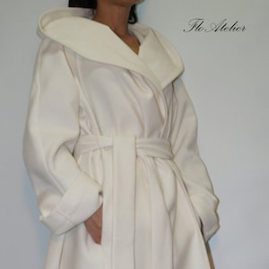 White Wool Cashmere Coat, Long Sleeve Trench Coat with Belt