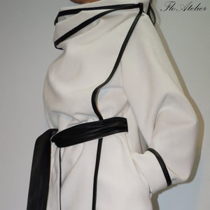 High Collar Coat/Asymmetrical Coat with Pockets/ Wool Cashmere Blend Coat/Eco Leather Edging Coat/Extravagant Coat/Winter Coat/F1410