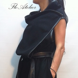 Waistcoat/High Collar Vest/Asymmetrical Vest/Belted vest/Cashmere Wool Blend/Sleeveless Coat/Vegan Leather Edging/Black Vest/Long Vest/F1304