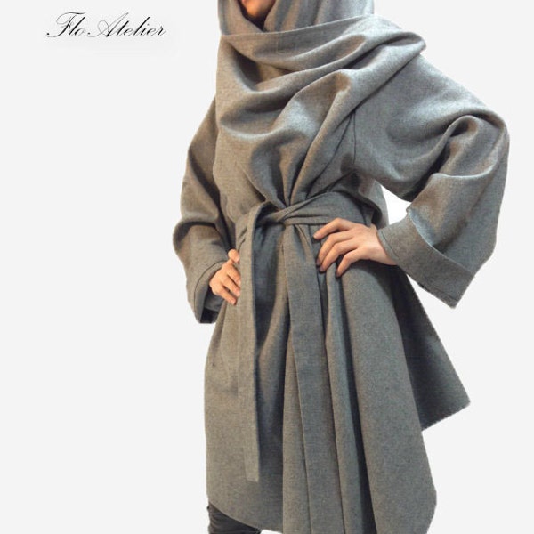 Grey Long Wool Coat/Casual Winter Cape Coat/Cashmere Wool Coat/Long Sleeve Trench Coat/Asymmetrical Coat/Baby Wearing Wool Coat/F1101