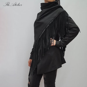 Black Jacket/Cloak/All Season Coat/Asymmetrical Extravagant Coat/Jacket with Faux Leather Fringe/Casual Blazer/Street Fashion Jacket/F1251