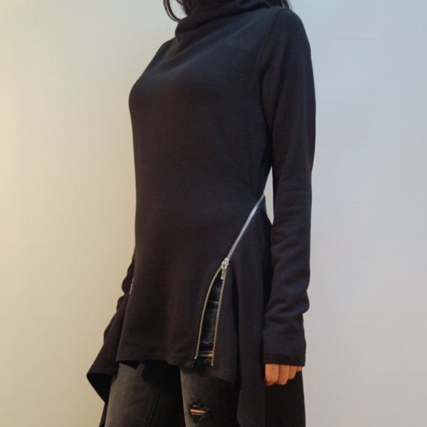 Asymmetrical Black Sweater Dress with Zipper Detail