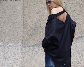 Open Back Cotton Shirt, Asymmetrical Black Blouse, Custom Size/F5054