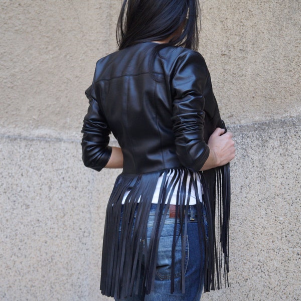 Black Faux Leather Jacket With Fringes/Cropped Leather Jacket /All Season Coat/Black Leather Jacket/Handmade Street Fashion Jacket/F1459