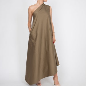 One Shoulder Dress/Green Kaftan/Asymmetrical Tunic/Cotton Maxi Dress/Beige Casual Kaftan/Party Dress/One Shoulder Dress/Stylish Dress/F2323 imagen 2