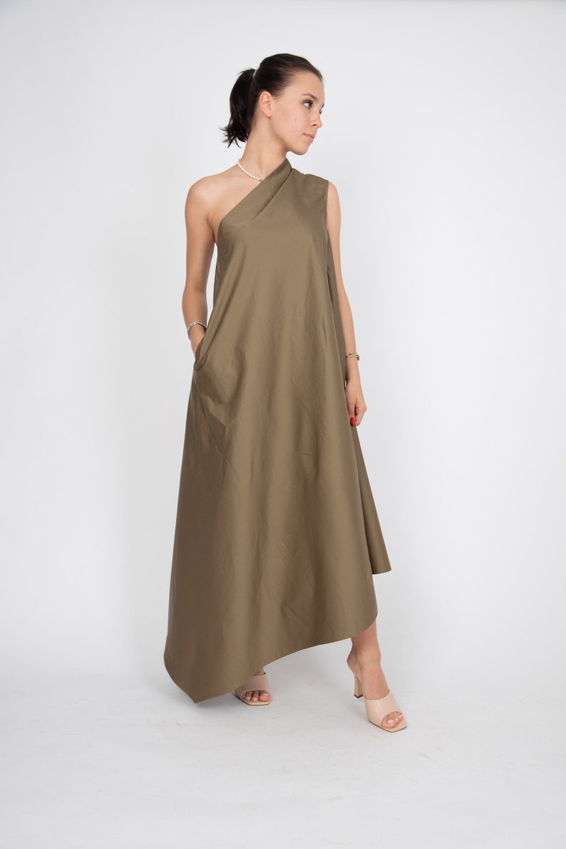 One Shoulder Dress/Green Kaftan/Asymmetrical Tunic/Cotton Maxi Dress/Beige Casual Kaftan/Party Dress/One Shoulder Dress/Stylish Dress/F2323 imagen 2