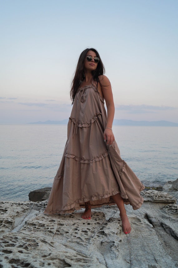 beige ruffle maxi dress Summer Beige Ruffle Maxi Dress With Straps