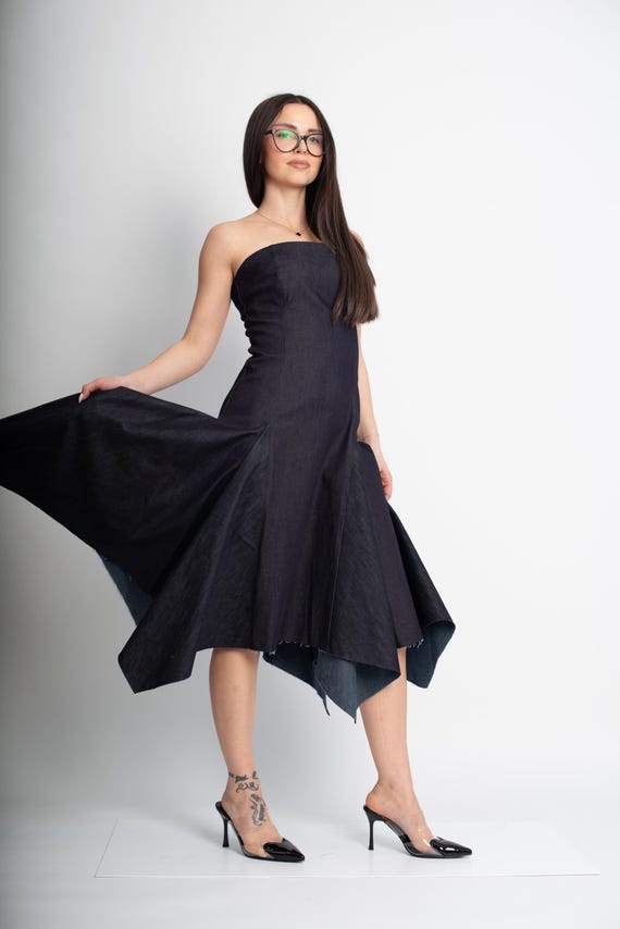Handmade Denim Cotton Dress, Custom Asymmetrical Strapless Design/f5036