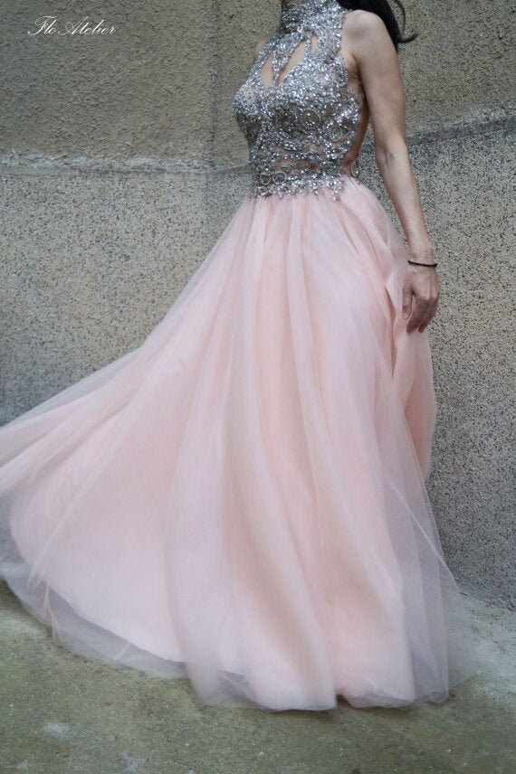 light pink and silver prom dress Silver Beaded Straps Shiny Pink Satin High Split Prom Dresses