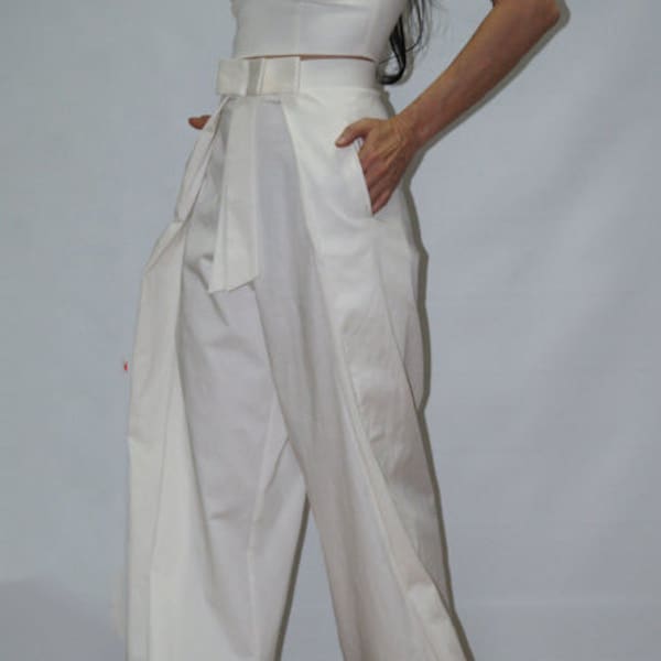 Wide Leg Pants/Casual Cotton Pants/Loose Cotton Pants/High Waist Pants/Handmade White Pants/Fashion Pants/Casual White Pants/F1236