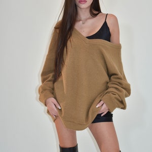 Handmade Oversized Sweater/Knitwear Top/Sweater Dress/Camel Long Pullover/Loose Plus Size Sweater/Off Shoulder Sweater/Camel Blouse/F1806 image 3