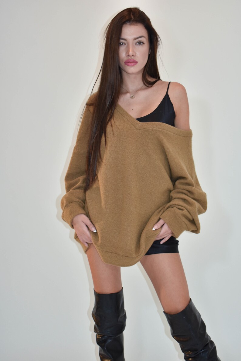 Handmade Oversized Sweater/Knitwear Top/Sweater Dress/Camel Long Pullover/Loose Plus Size Sweater/Off Shoulder Sweater/Camel Blouse/F1806 image 3