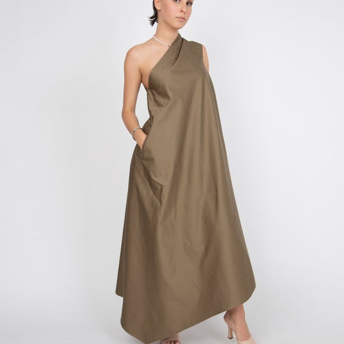 One Shoulder Dress/Green Kaftan/Asymmetrical Tunic/Cotton Maxi Dress/Beige Casual Kaftan/Party Dress/One Shoulder Dress/Stylish Dress/F2323