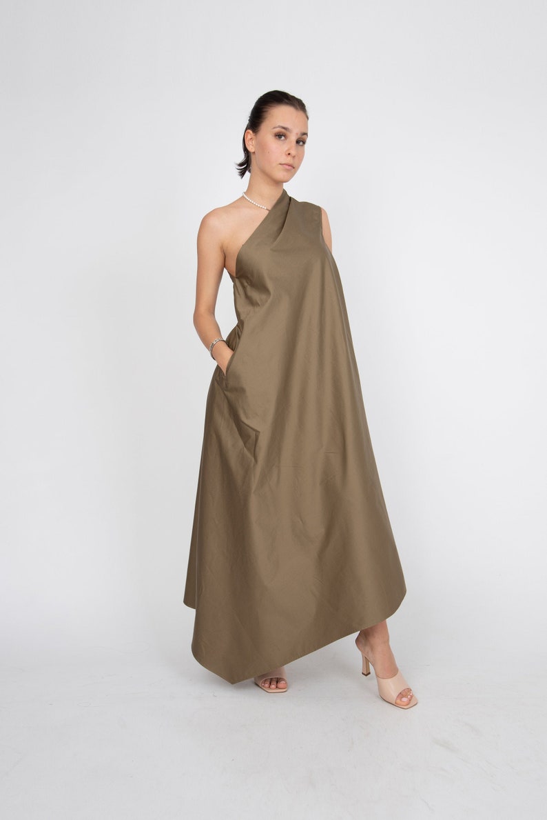 One Shoulder Dress/Green Kaftan/Asymmetrical Tunic/Cotton Maxi Dress/Beige Casual Kaftan/Party Dress/One Shoulder Dress/Stylish Dress/F2323 imagen 1