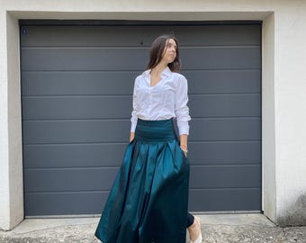 Stretch Changeant Taffeta Midi Skirt, High Waist Pleated, Pockets (Handmade to Order), F2136