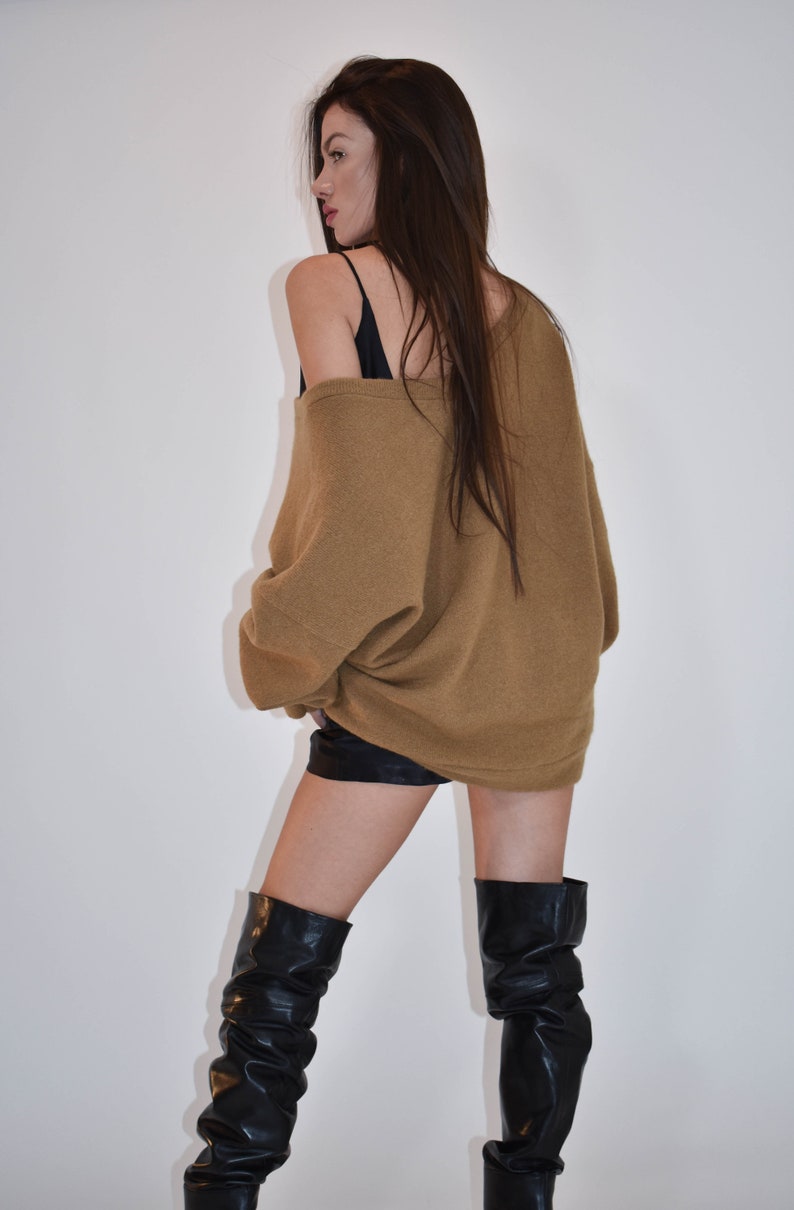 Handmade Oversized Sweater/Knitwear Top/Sweater Dress/Camel Long Pullover/Loose Plus Size Sweater/Off Shoulder Sweater/Camel Blouse/F1806 image 7