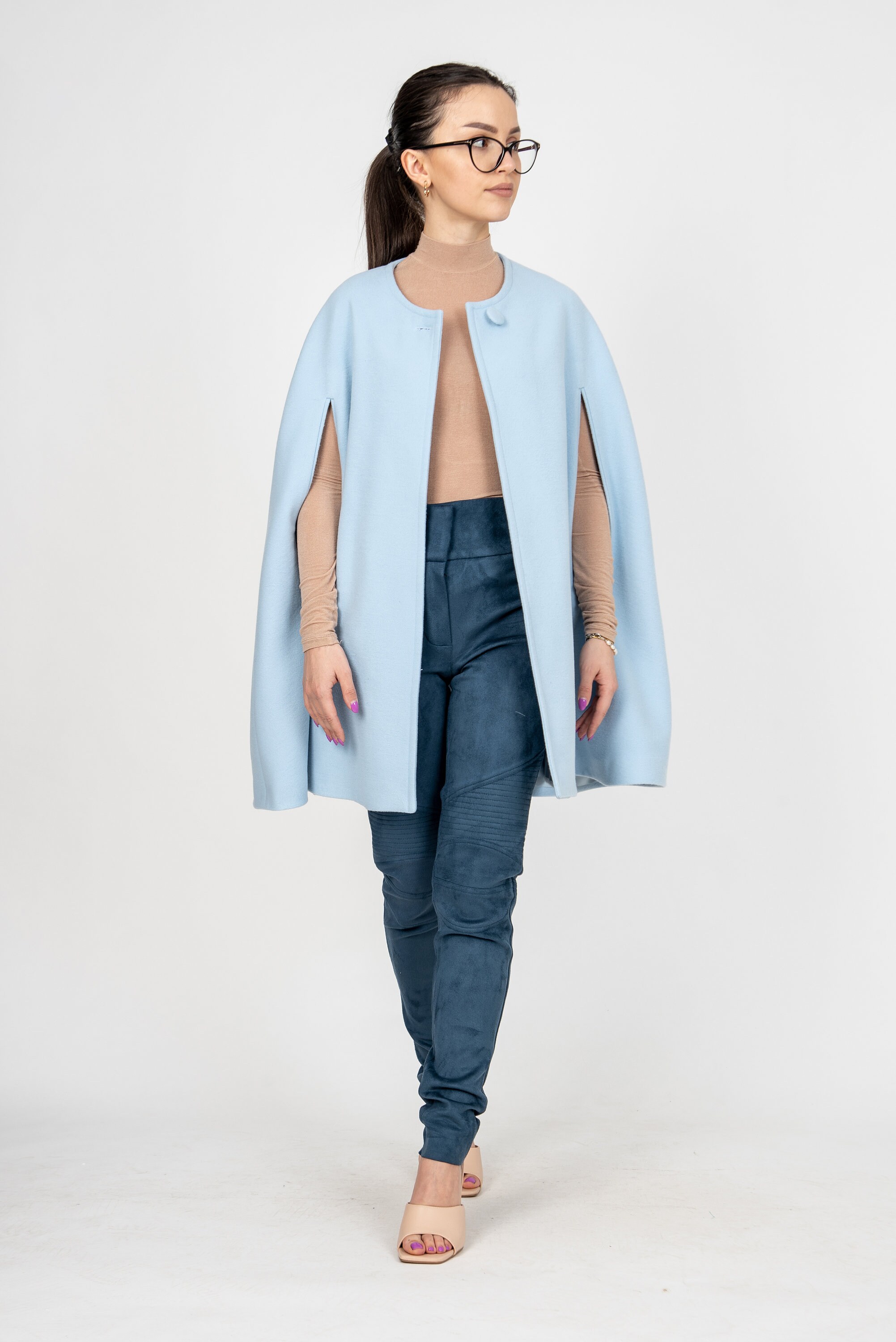 コート Giovi Wool and cashmere cape Blue Winter Cape Coat/jacket for Women/wool Cape/cape Jacket