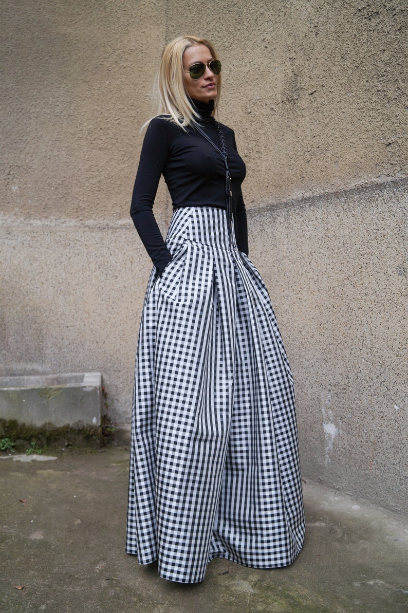 Gingham Lovely Black and White Long Maxi Skirt/High or Low Waist Skirt/Long Waistband Skirt/Fashion Skirt/Pleated Skirt/Maxi Skirt/F1578 image 6