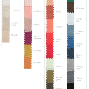 May include: A linen fabric swatch card with 25 different colors, including white, pink, tan, green, brown, beige, mustard, orange, red, blue, gray, and black. The card also includes the text "LINEN" and "100% Li 210gr/m&sup2;".