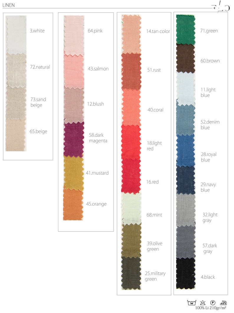 May include: A linen fabric swatch card with 25 different colors, including white, pink, tan, green, brown, beige, mustard, orange, red, blue, gray, and black. The card also includes the text "LINEN" and "100% Li 210gr/m&sup2;".