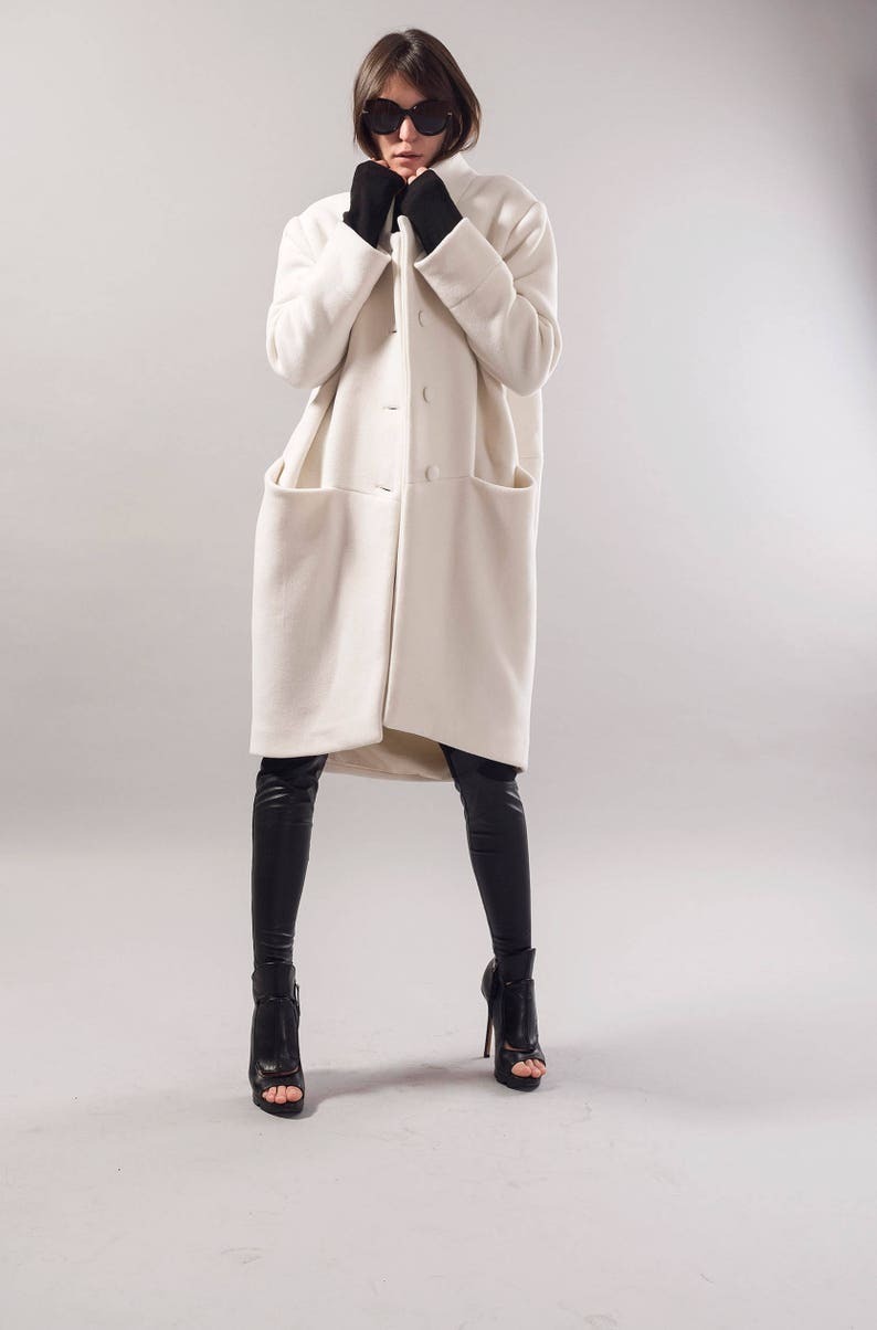 Straight Coat/Off White Coat/Wool Cashmere Coat/Winter Coat/Oversize Coat/Unstructured Coat/Asymmetrical Coat/Extravagant Coat/F1731 image 5