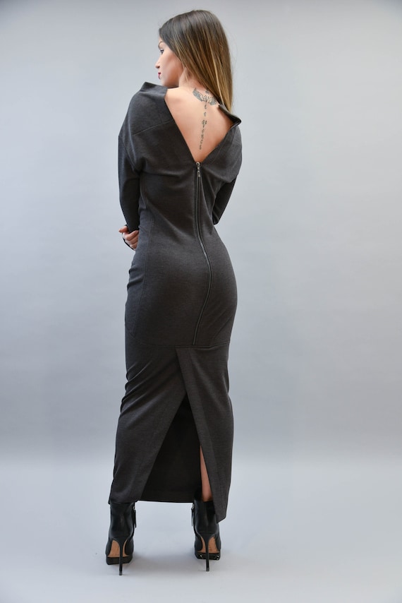Open Back Midi Dress, Slim Fit Evening Gown, Custom Fit Available/F5055