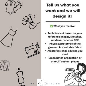 Op de afbeelding: Afbeelding met de tekst "Vertel ons wat je wilt en we ontwerpen het!" en illustraties van kleding, naai-instrumenten en een naaimachine. De tekst somt ook op wat de klant ontvangt, inclusief een technische snit.