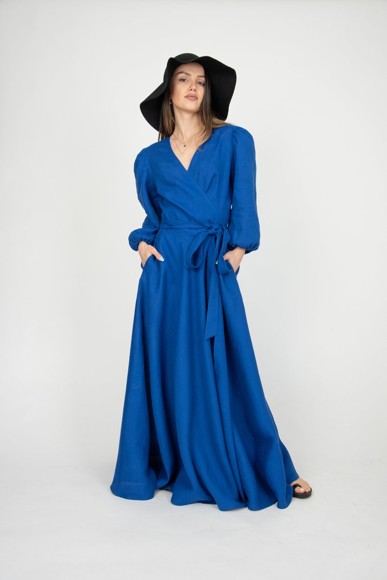 Linen Wrap Dress/royal Blue Linen Dress/linen Wedding | Etsy