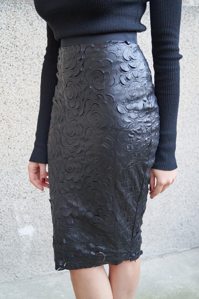 Textured Vegan Leather Pencil Skirt with Front Open Vent main image 1