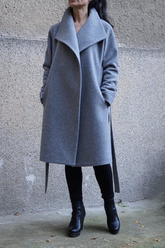 Grey Lined Coat/cashmere Wool Coat/winter Coat/belted Coat/xxl 