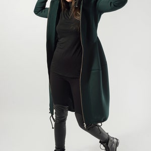 Hooded Long Neoprene Coat/Winter Cape Coat/Neoprene Coat/Long Sleeve Trench Coat/Large Pockets Coat/Autumn Winter Green Coat/F1824 image 4