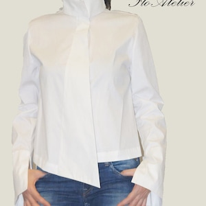 Oversized White Shirt /Casual White Top/Long Sleeved Cotton Shirt/Asymmetrical Shirt/Hidden Button Shirt/Handmade White Shirt/F1043