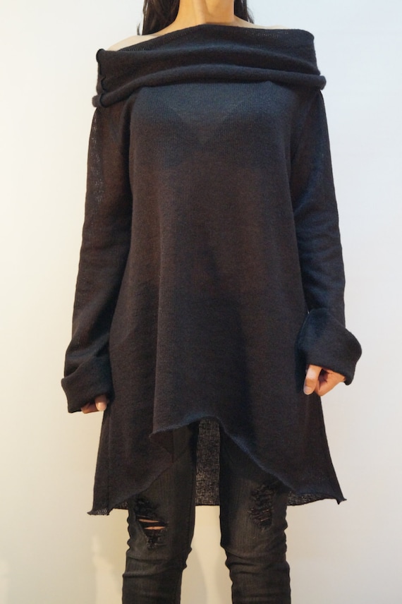 asymmetrical off shoulder sweater dress Black Off-Shoulder Dress: Wool Acryl Blend Color:Ivory Gold
